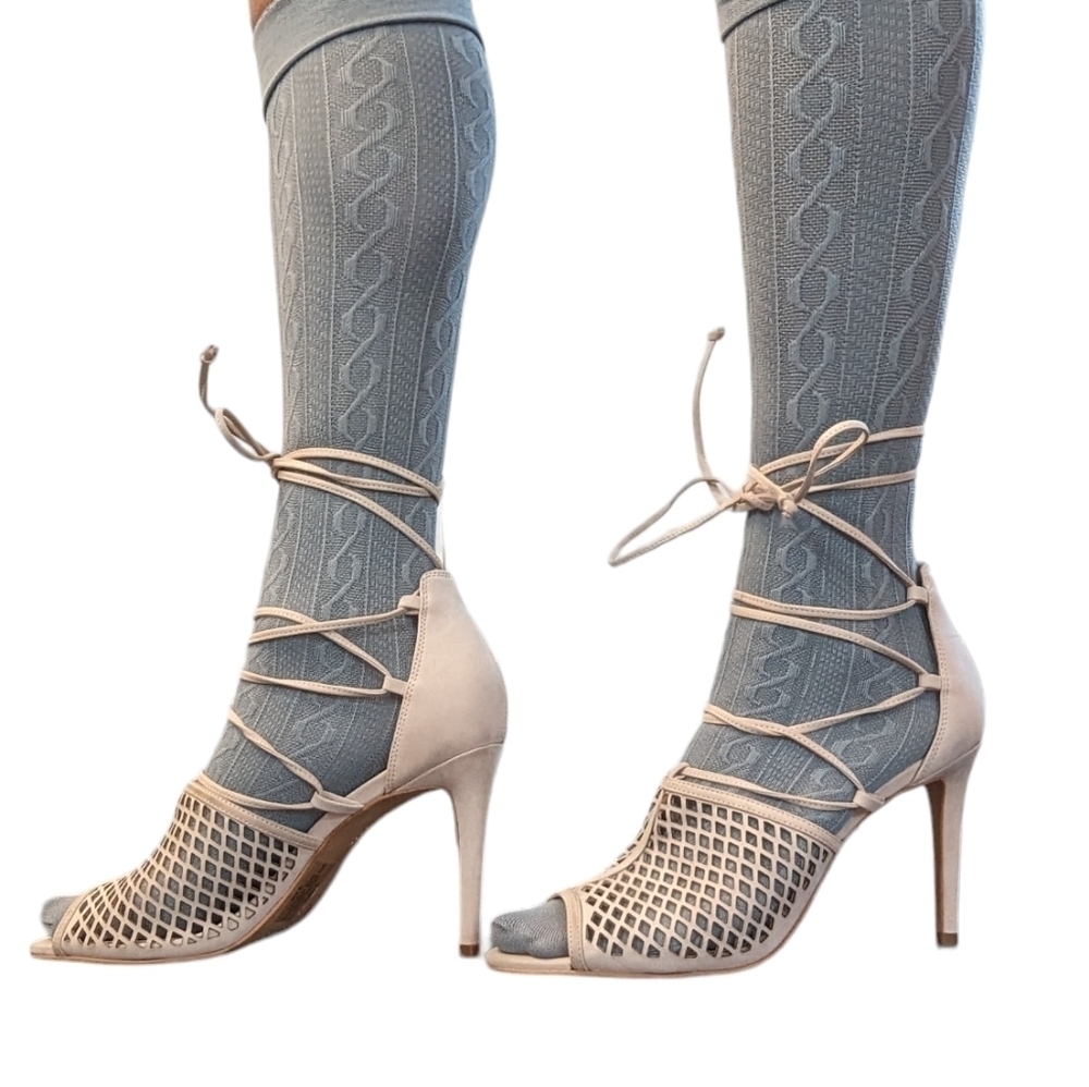 Vince Camuto Vasha Lace Tie Up High Heel Strappy Cutout Nude Beige Sandals 9.5 - Picture 5 of 14